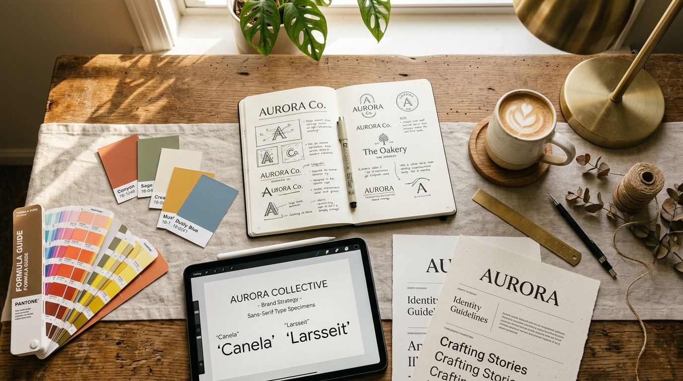 Brand identity materials on a design studio desk