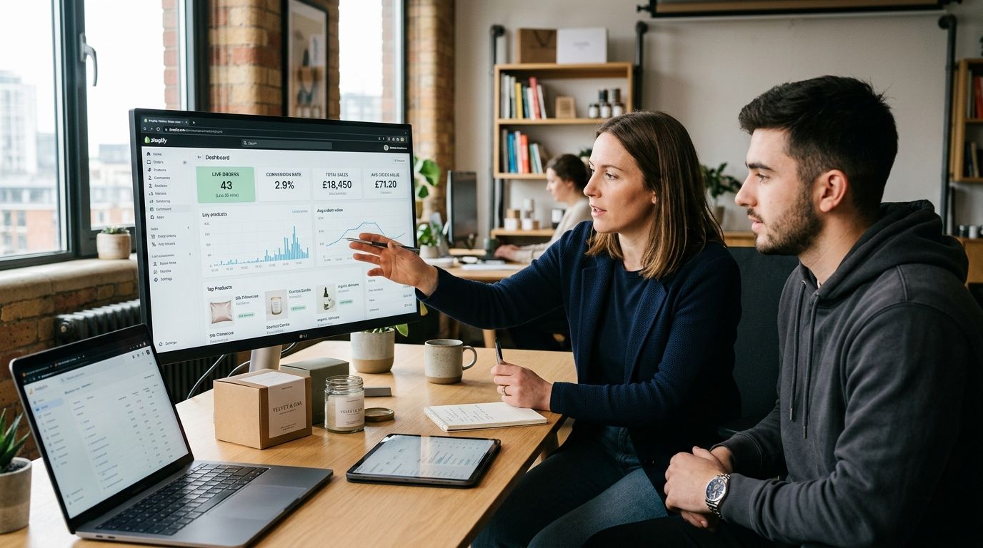 Business owner managing an online store on a laptop