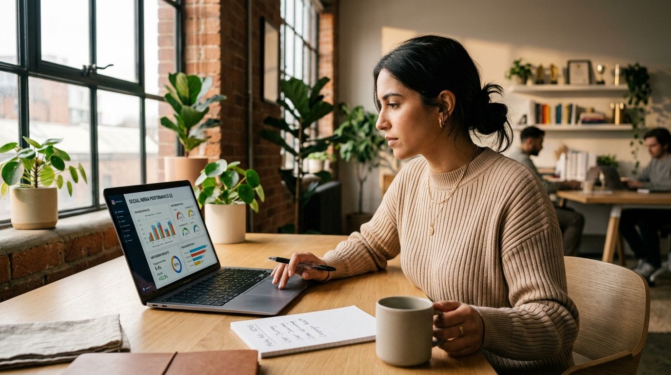 Marketer planning social media content on a laptop