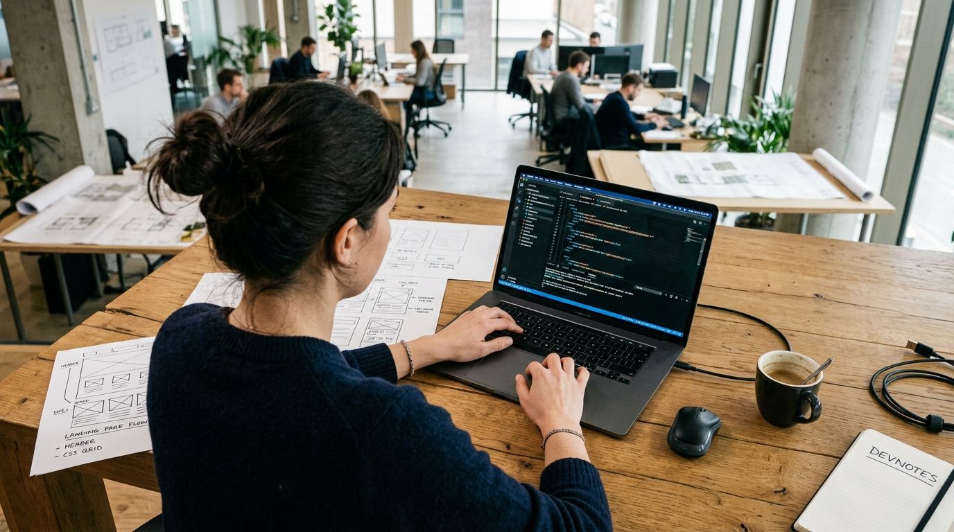 Developer building a website at a studio desk